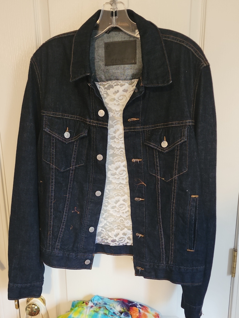 Upcycled Denizen from Levi's Dark Blue Denim Jacket White Lace